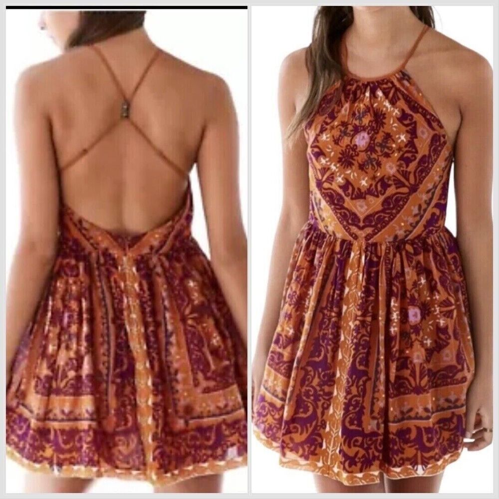 Ecote Womens 6 Casual Dress Halt Paisley Orange Boho Short Sleeveless Fit Flare - Picture 4 of 4